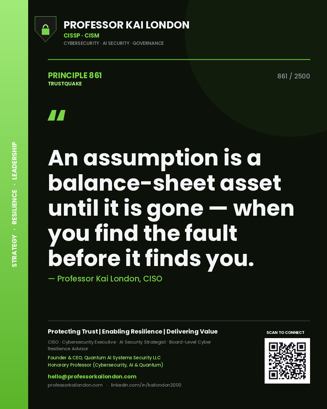 Quote card by Professor Kai London reading 'An assumption is a balance-sheet asset until it is gone — when you find the fault before it finds you.'. From the book Trustquake.