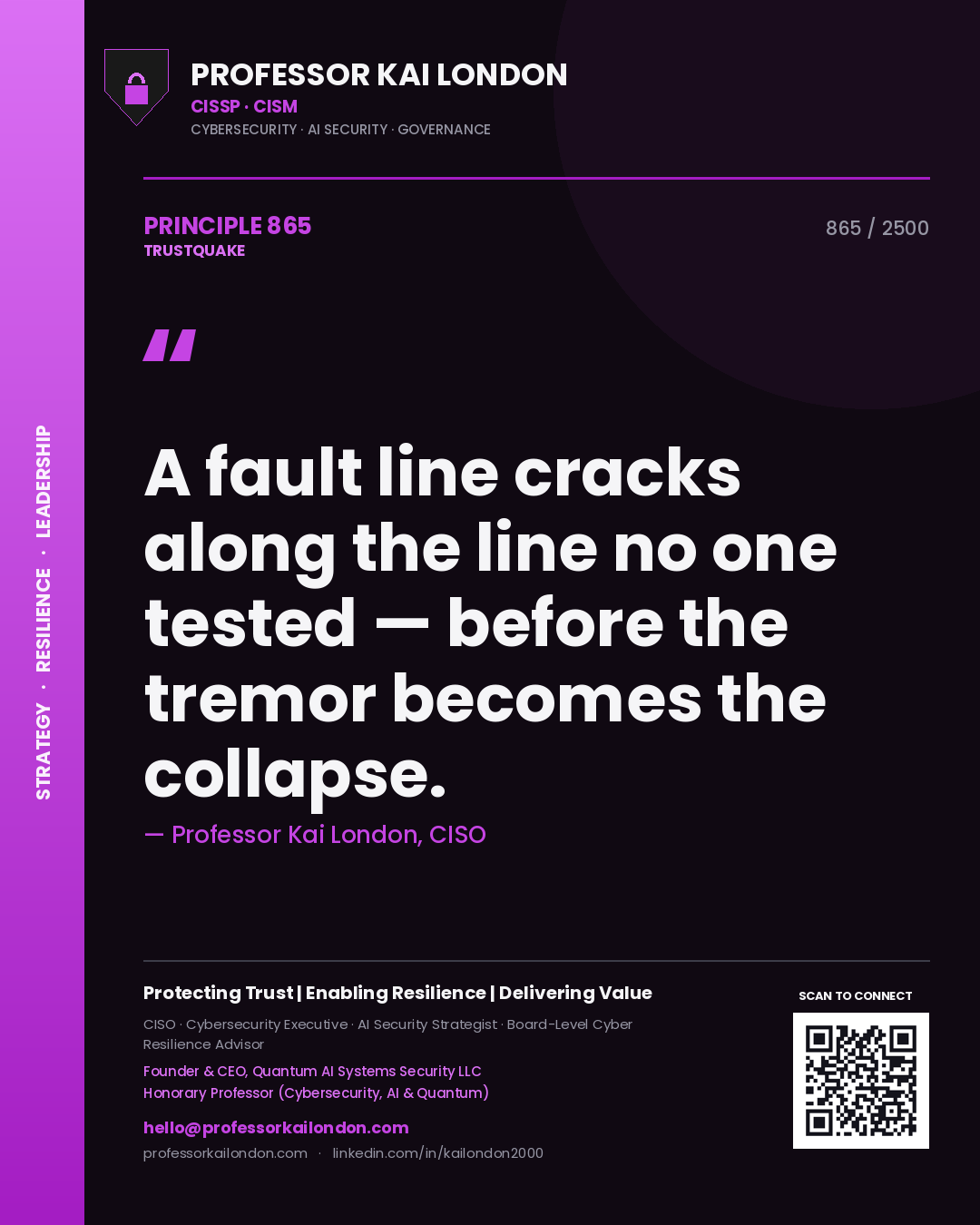 Quote card by Professor Kai London reading 'A fault line cracks along the line no one tested — before the tremor becomes the collapse.'. From the book Trustquake.
