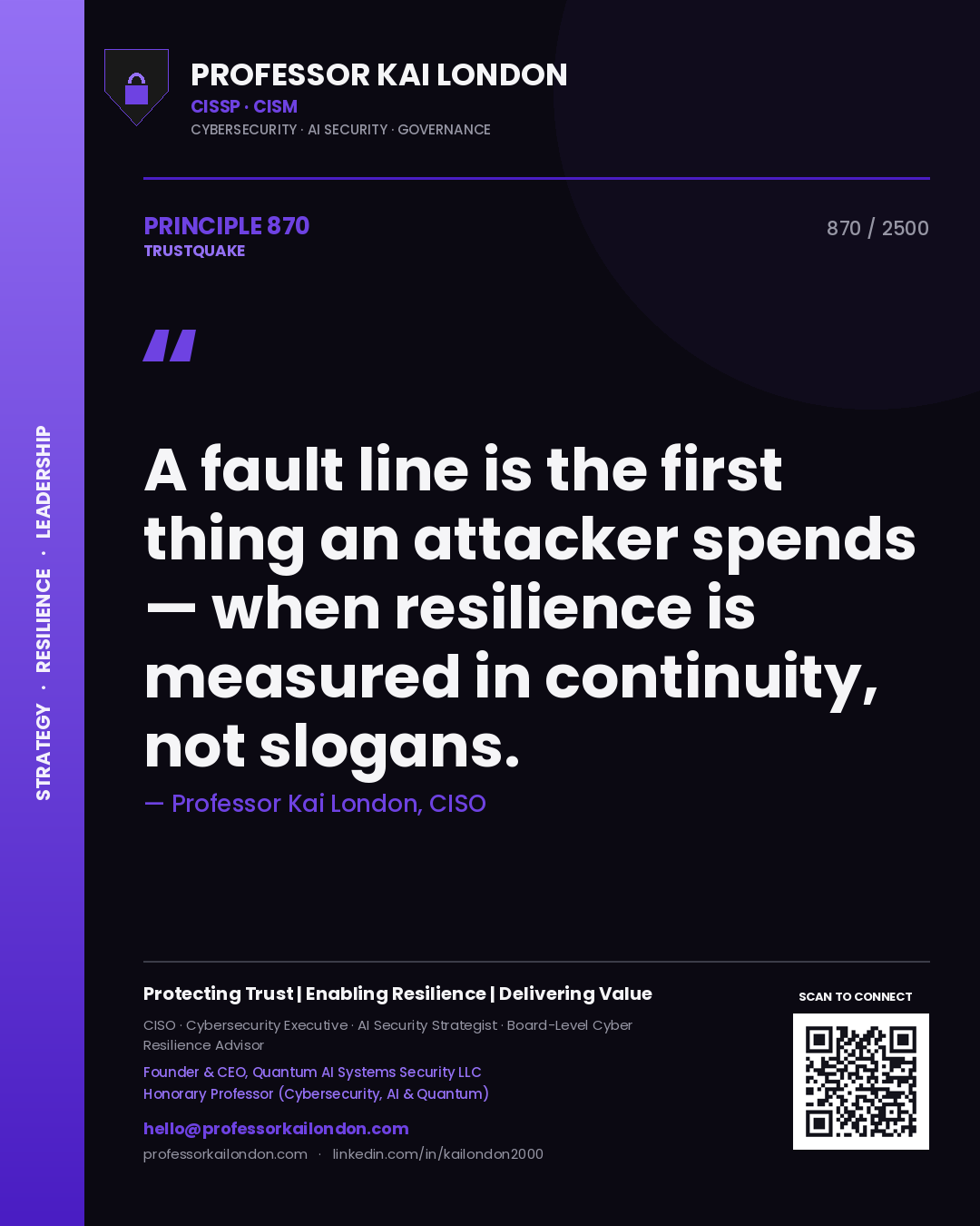 Quote card by Professor Kai London reading 'A fault line is the first thing an attacker spends — when resilience is measured in continuity, not slogans.'. From the book Trustquake.