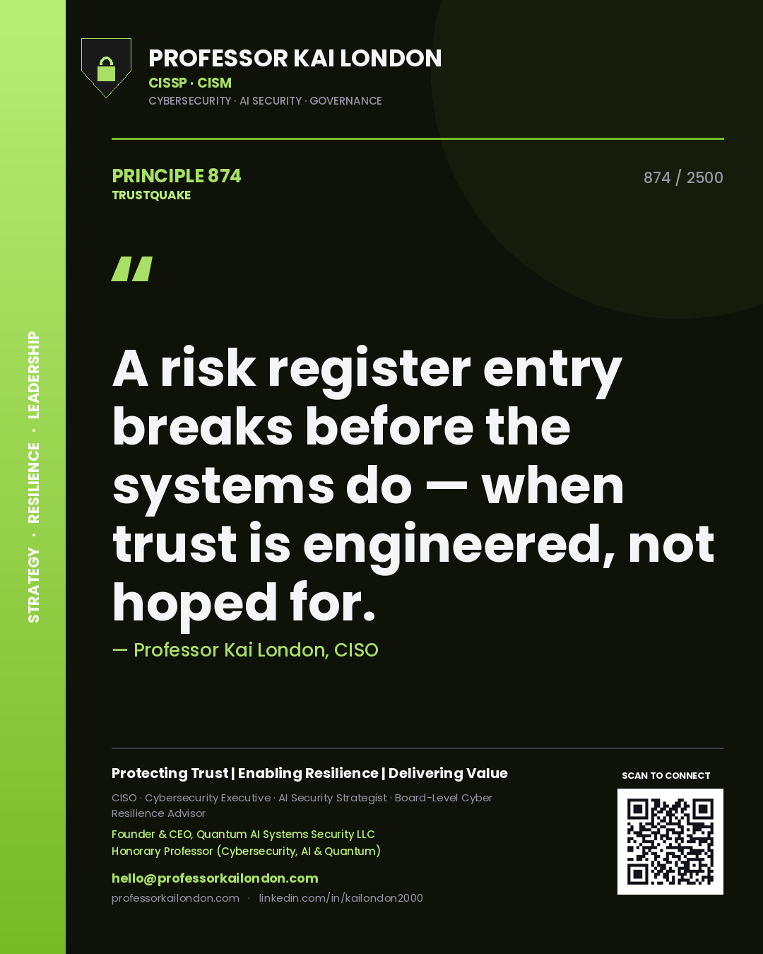 Quote card by Professor Kai London reading 'A risk register entry breaks before the systems do — when trust is engineered, not hoped for.'. From the book Trustquake.