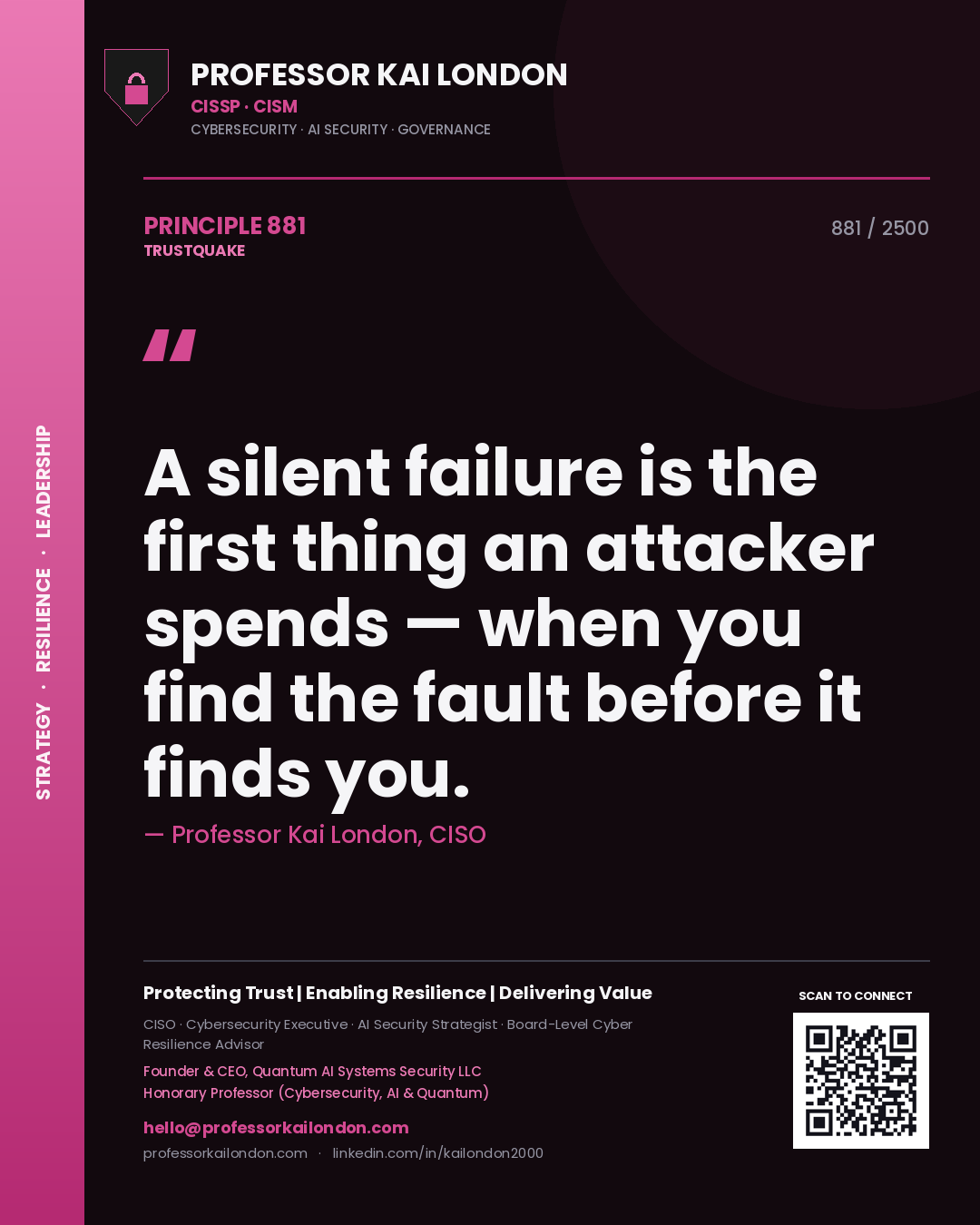 Quote card by Professor Kai London reading 'A silent failure is the first thing an attacker spends — when you find the fault before it finds you.'. From the book Trustquake.