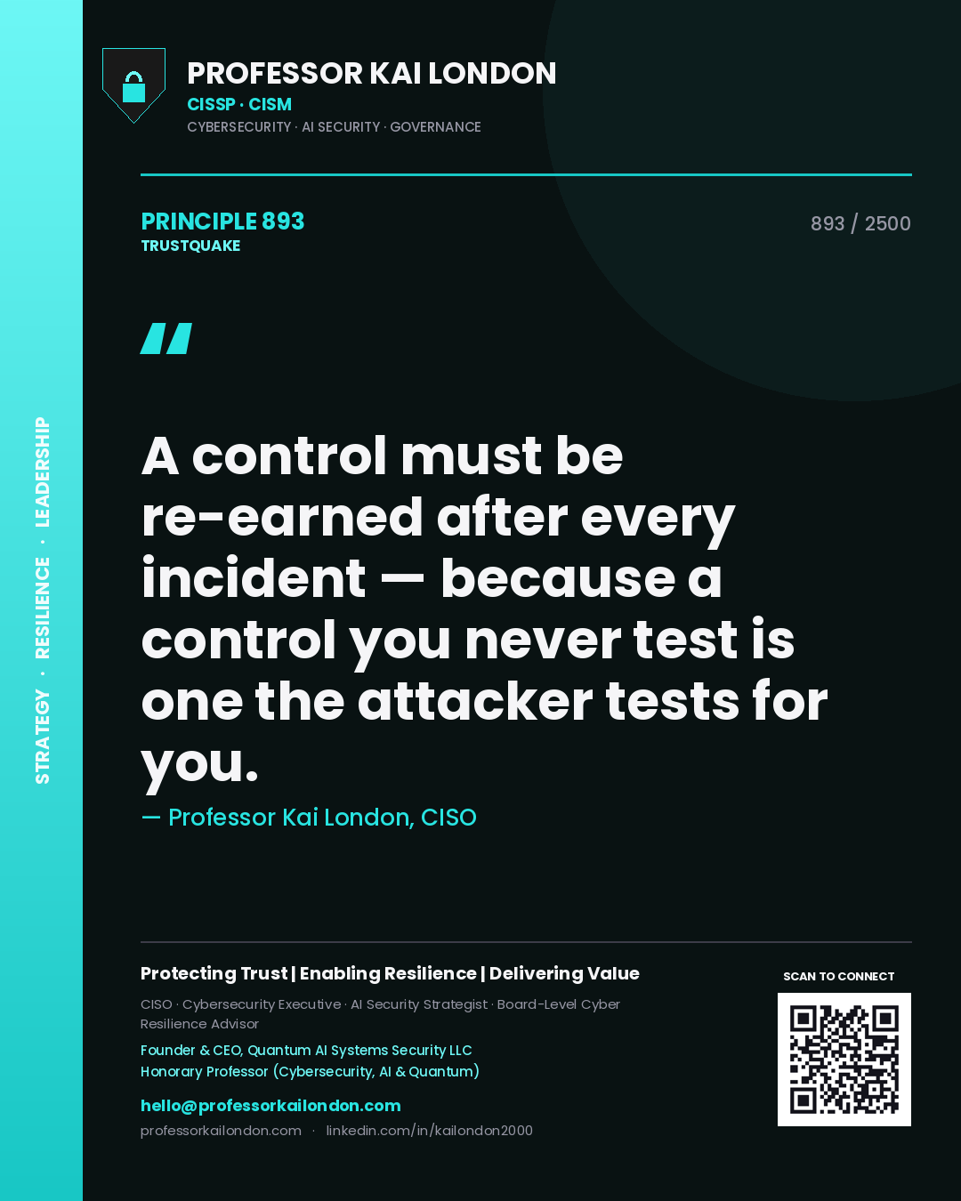 Quote card by Professor Kai London reading 'A control must be re-earned after every incident — because a control you never test is one the attacker tests for you.'. From the book Trustquake.