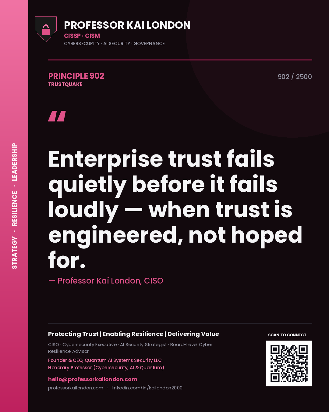Quote card by Professor Kai London reading 'Enterprise trust fails quietly before it fails loudly — when trust is engineered, not hoped for.'. From the book Trustquake.