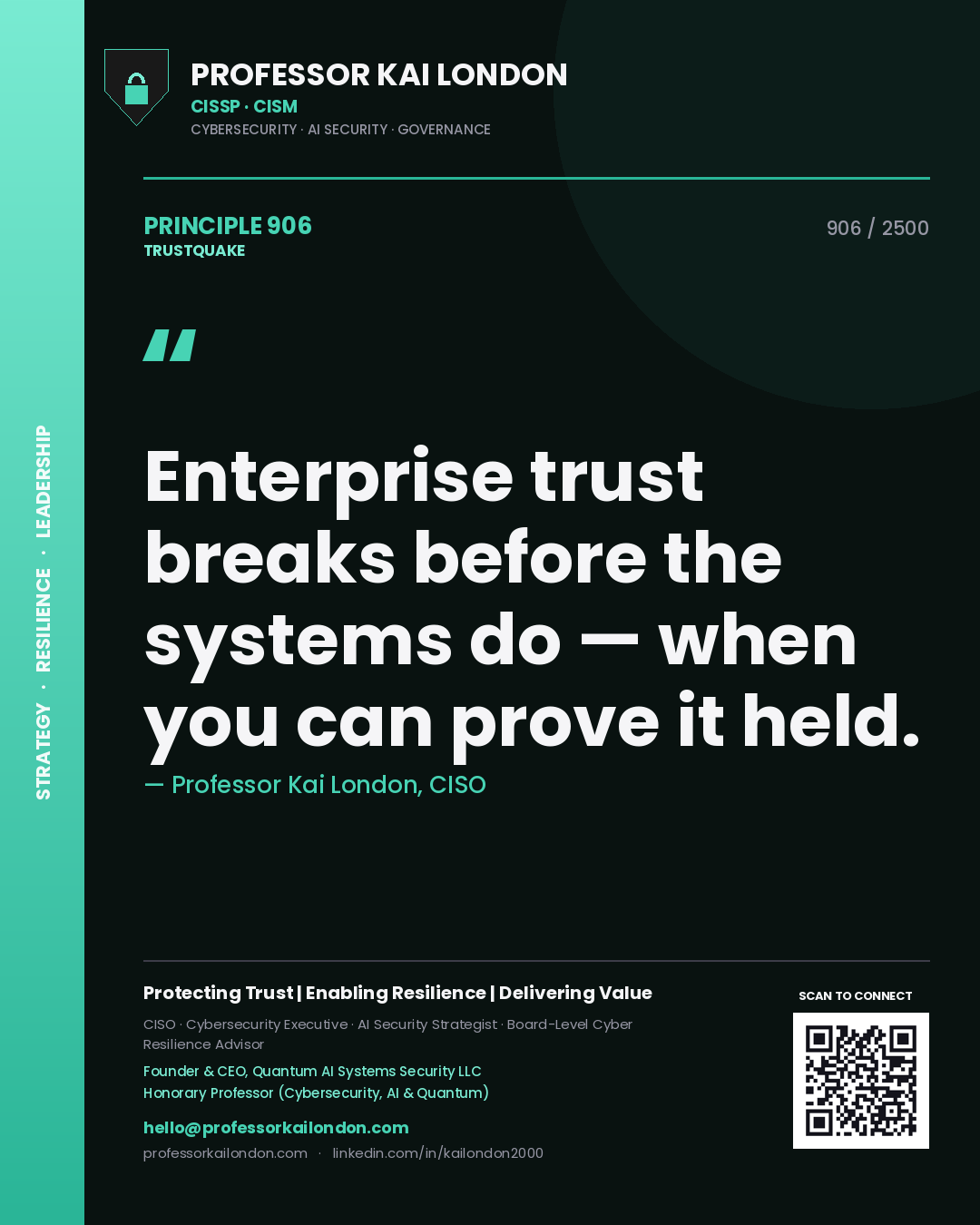 Quote card by Professor Kai London reading 'Enterprise trust breaks before the systems do — when you can prove it held.'. From the book Trustquake.