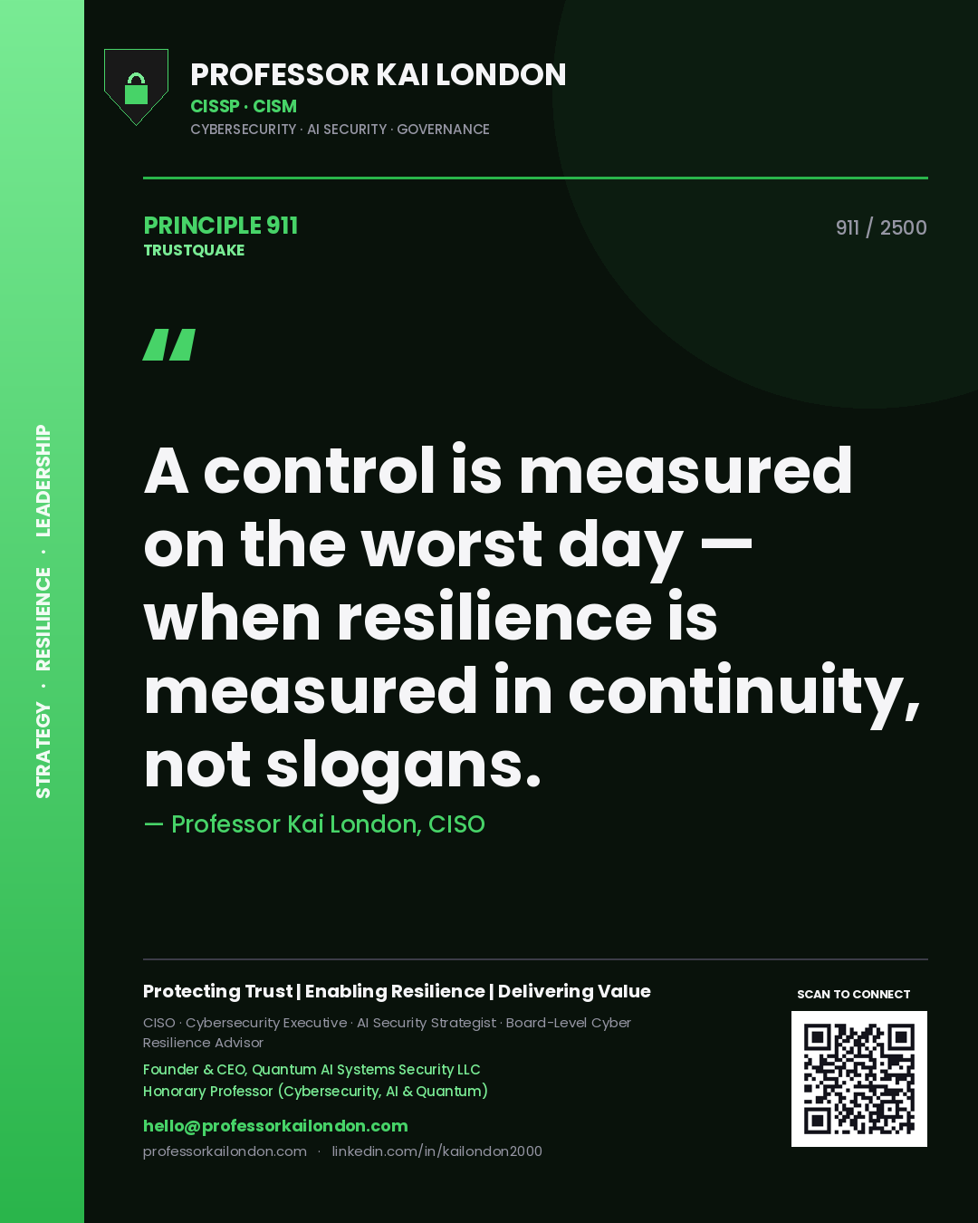 Quote card by Professor Kai London reading 'A control is measured on the worst day — when resilience is measured in continuity, not slogans.'. From the book Trustquake.