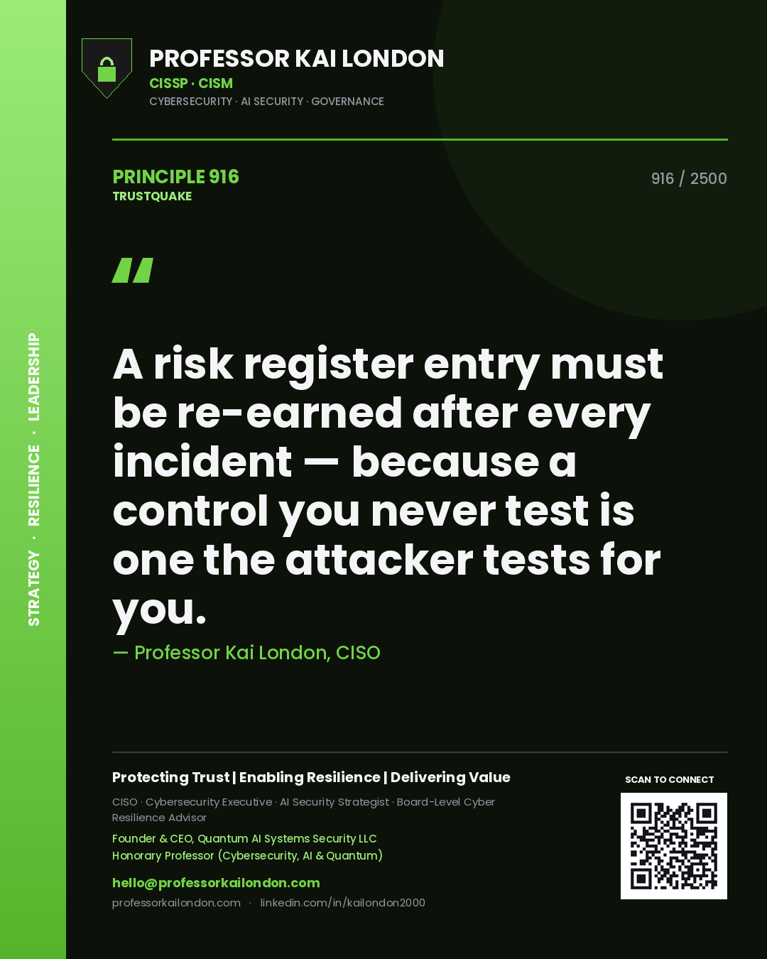 Quote card by Professor Kai London reading 'A risk register entry must be re-earned after every incident — because a control you never test is one the attacker tests for you.'. From the book Trustquake.