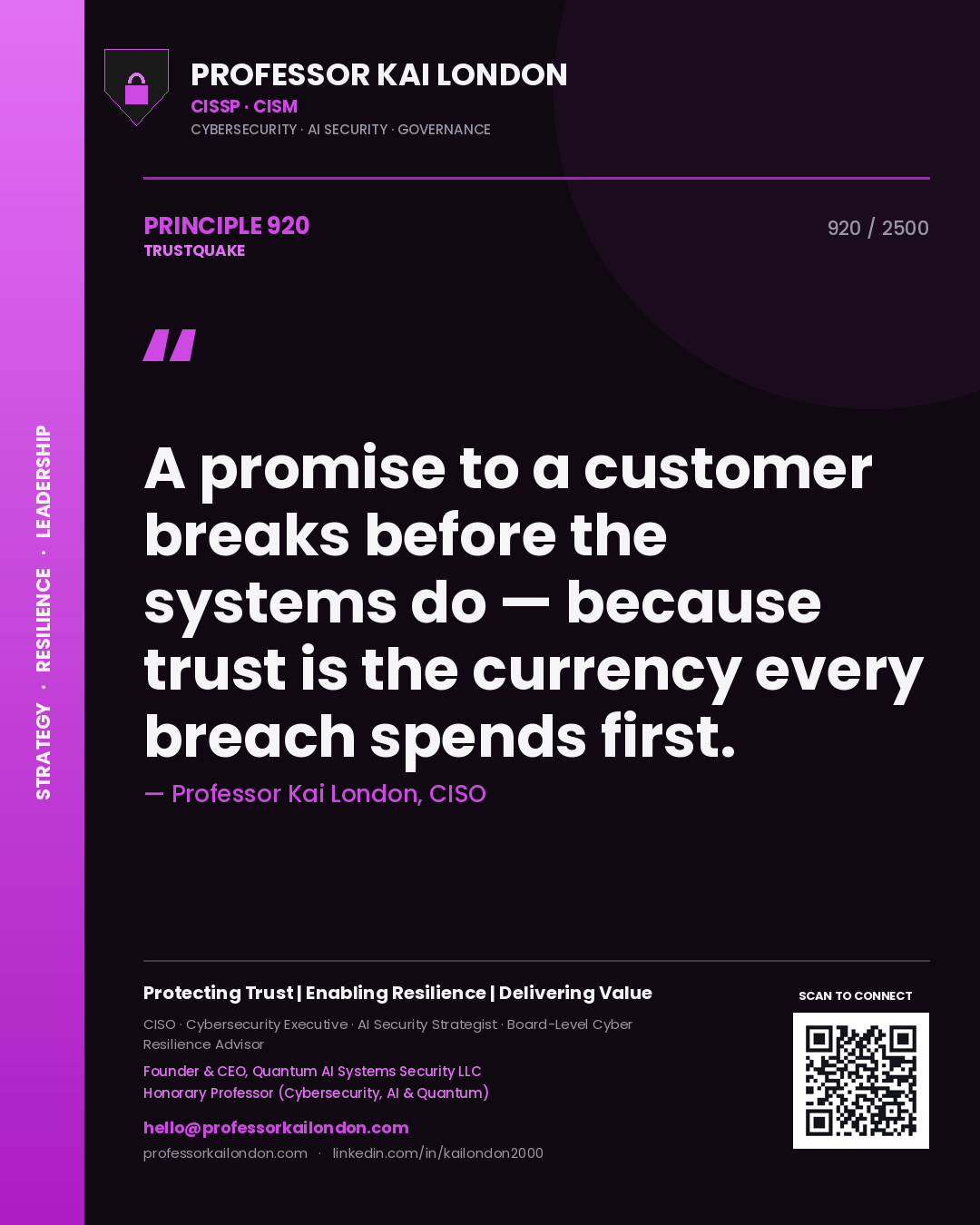 Professor Kai London principle 920: A promise to a customer breaks before the systems do — because trust is the currency every breach spends first.