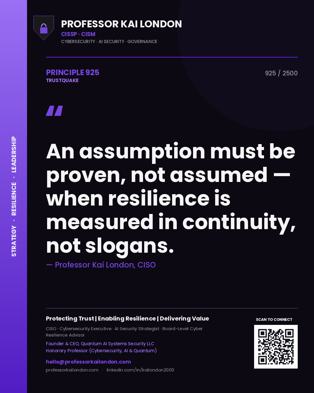 Quote card by Professor Kai London reading 'An assumption must be proven, not assumed — when resilience is measured in continuity, not slogans.'. From the book Trustquake.
