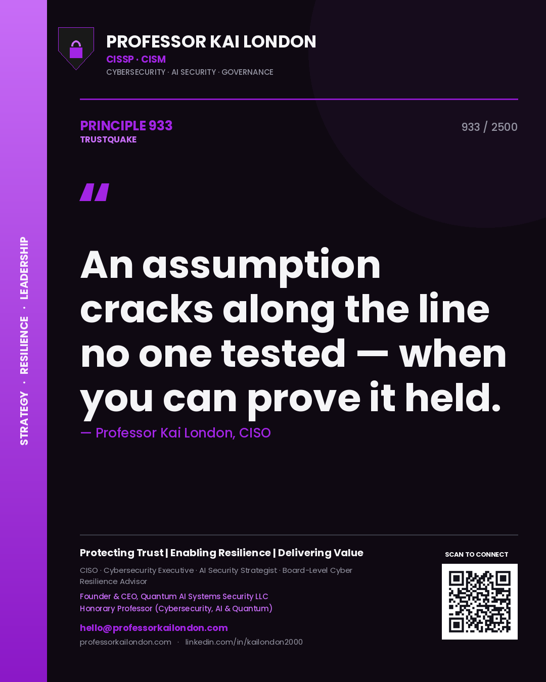Quote card by Professor Kai London reading 'An assumption cracks along the line no one tested — when you can prove it held.'. From the book Trustquake.