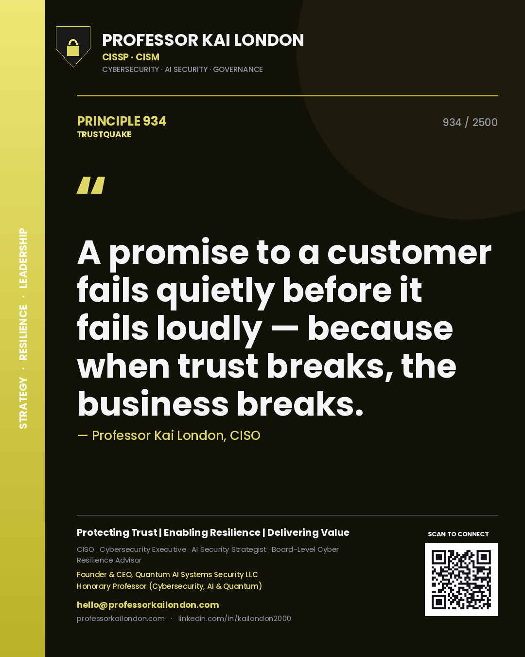 Quote card by Professor Kai London reading 'A promise to a customer fails quietly before it fails loudly — because when trust breaks, the business breaks.'. From the book Trustquake.