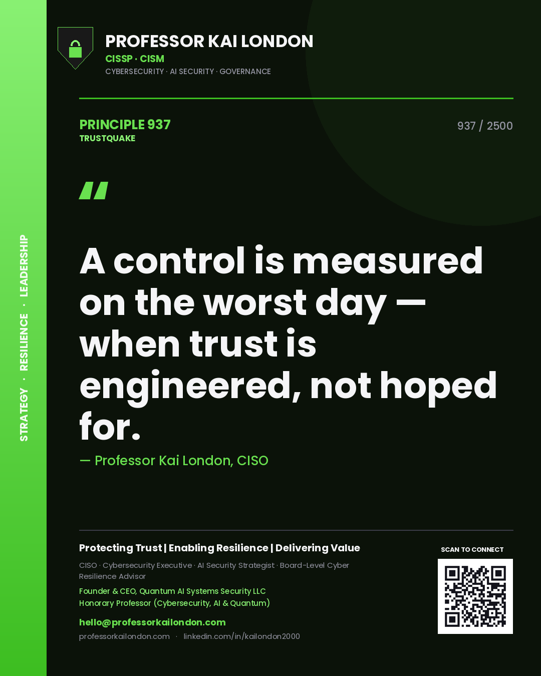 Quote card by Professor Kai London reading 'A control is measured on the worst day — when trust is engineered, not hoped for.'. From the book Trustquake.