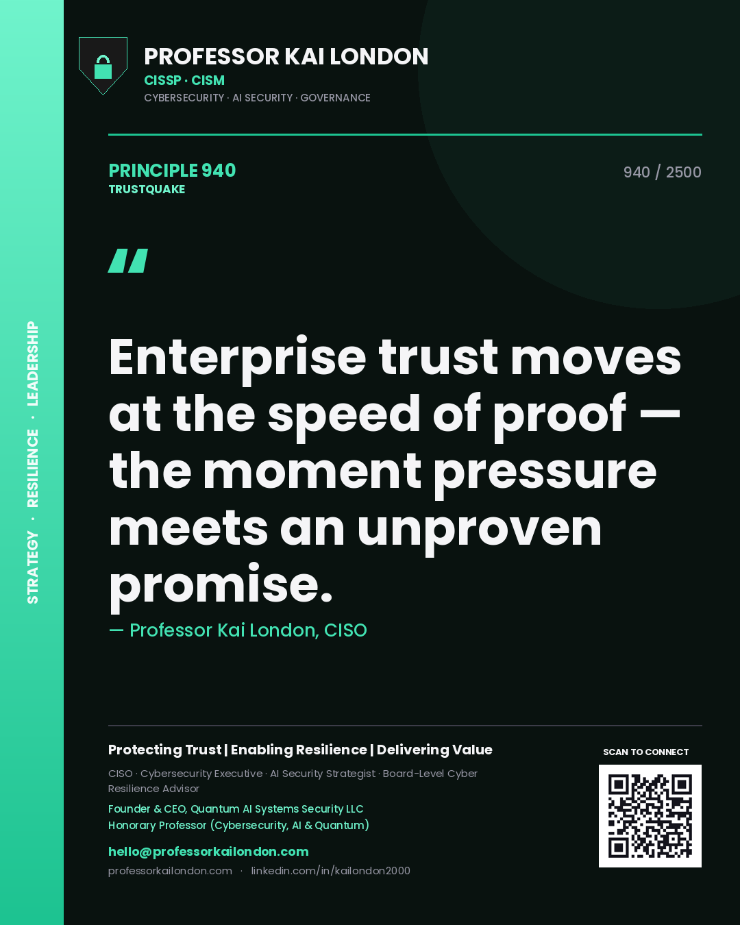 Quote card by Professor Kai London reading 'Enterprise trust moves at the speed of proof — the moment pressure meets an unproven promise.'. From the book Trustquake.