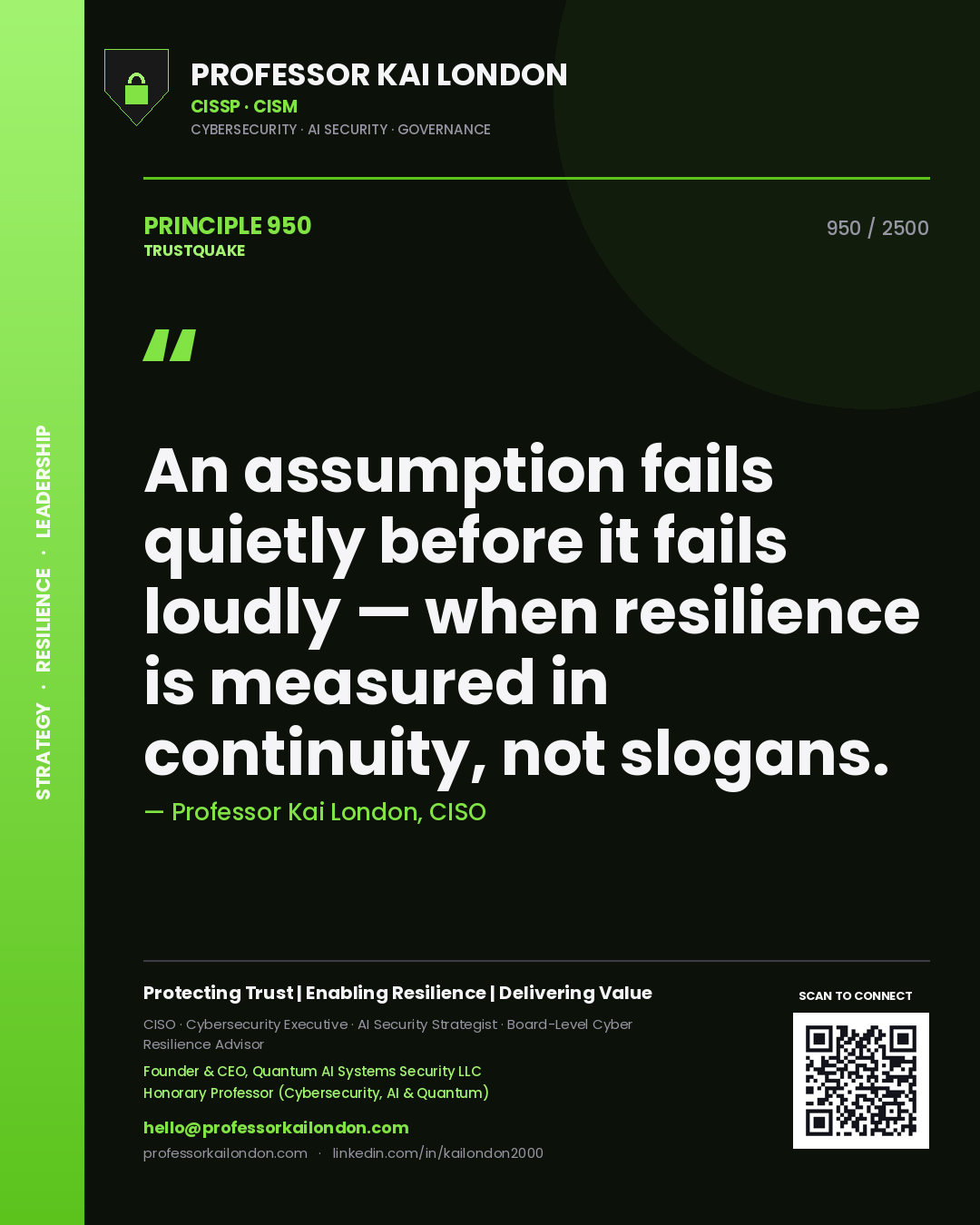 Professor Kai London principle 950: An assumption fails quietly before it fails loudly — when resilience is measured in continuity, not slogans.