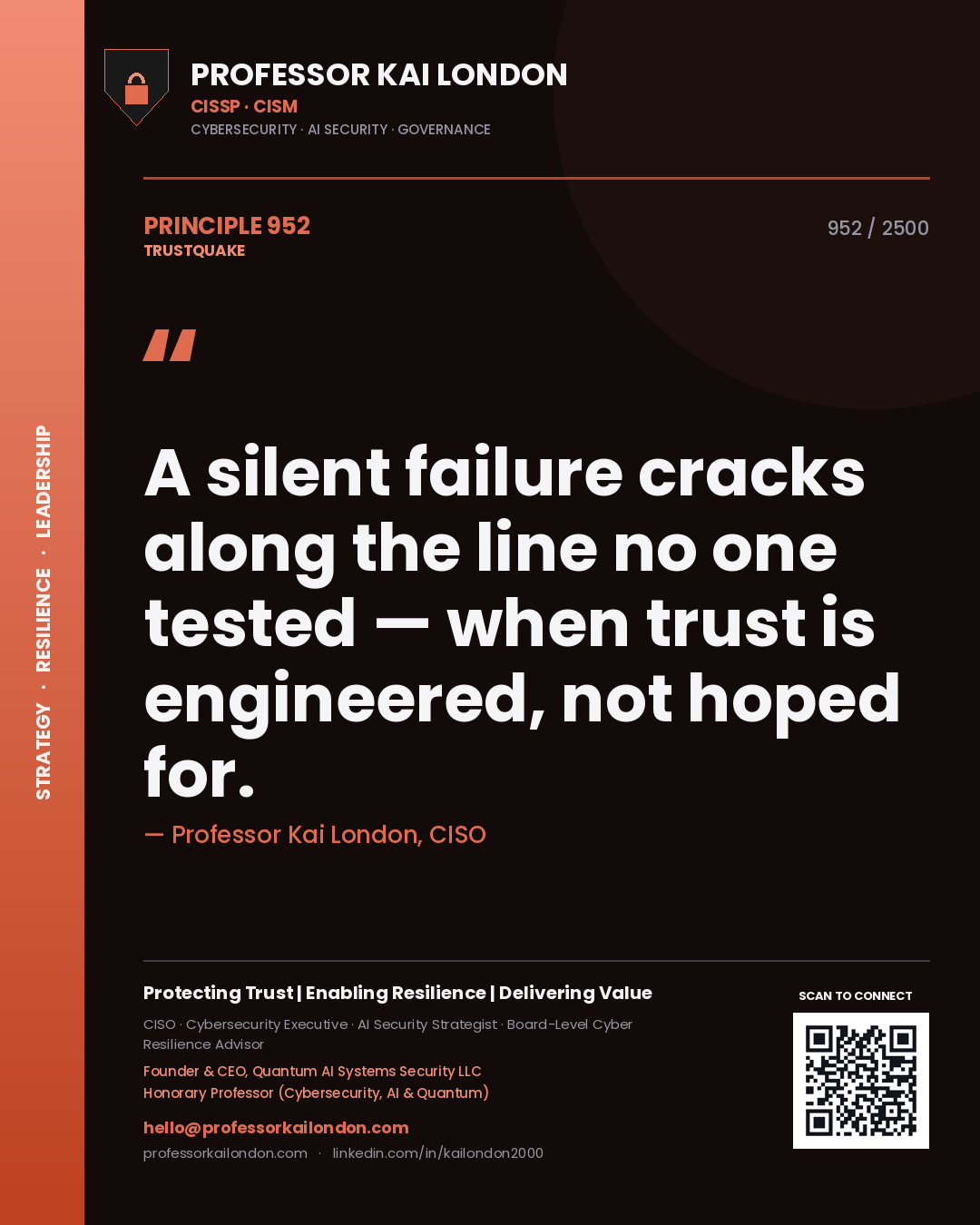 Quote card by Professor Kai London reading 'A silent failure cracks along the line no one tested — when trust is engineered, not hoped for.'. From the book Trustquake.