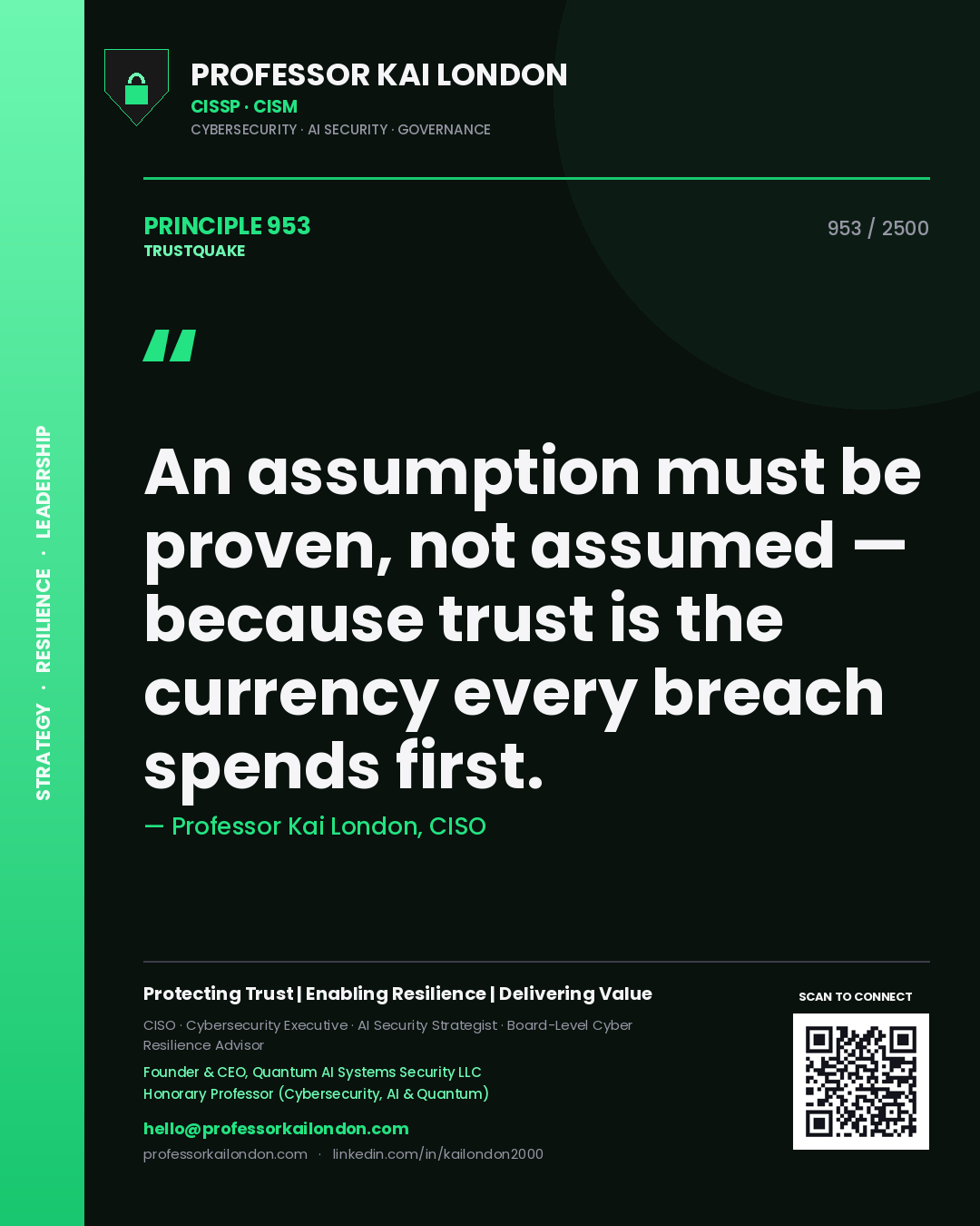Quote card by Professor Kai London reading 'An assumption must be proven, not assumed — because trust is the currency every breach spends first.'. From the book Trustquake.