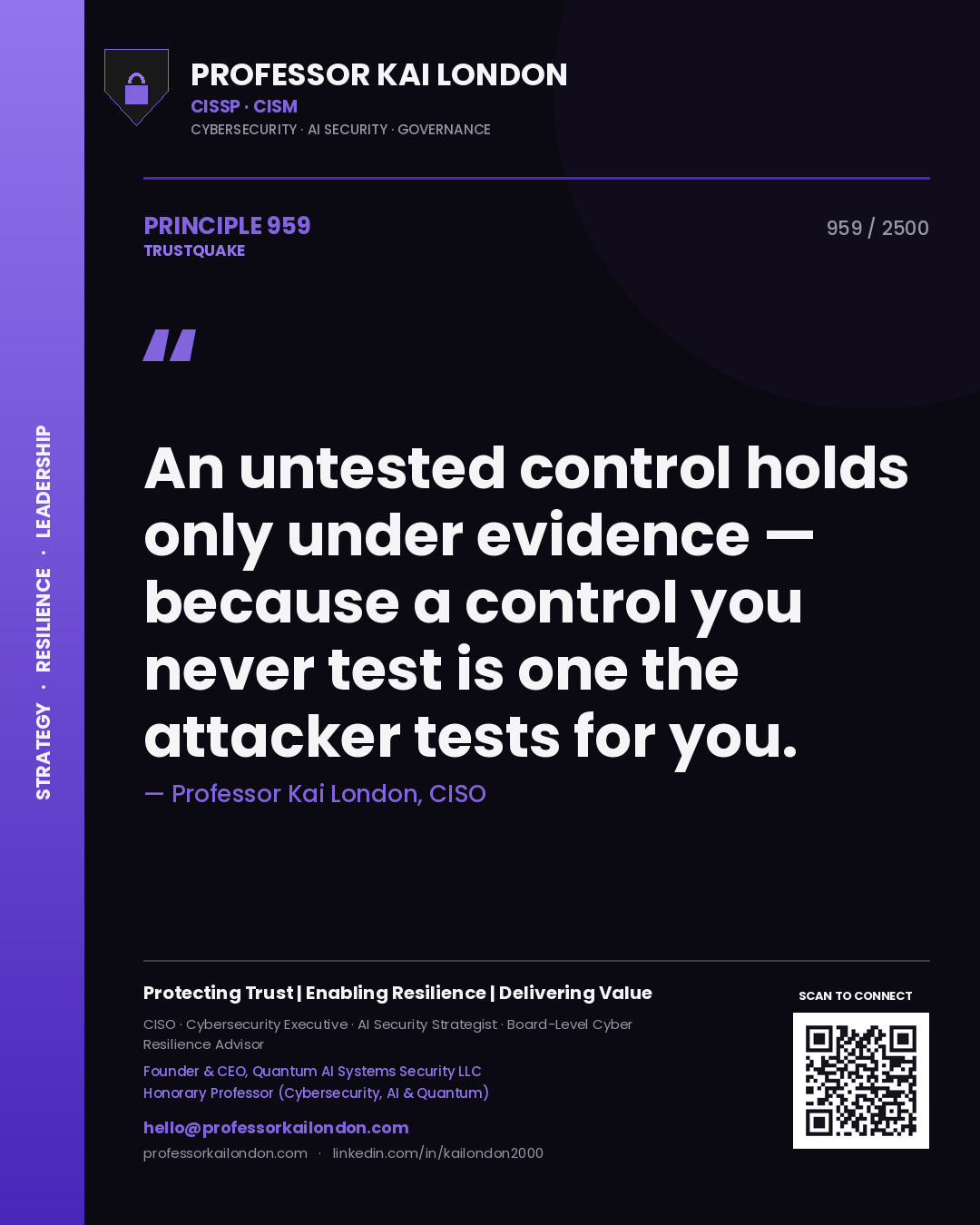 Quote card by Professor Kai London reading 'An untested control holds only under evidence — because a control you never test is one the attacker tests for you.'. From the book Trustquake.