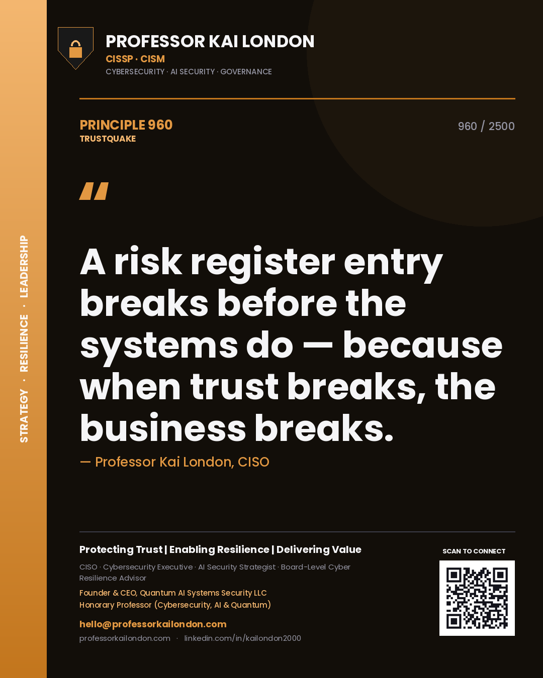 Professor Kai London principle 960: A risk register entry breaks before the systems do — because when trust breaks, the business breaks.