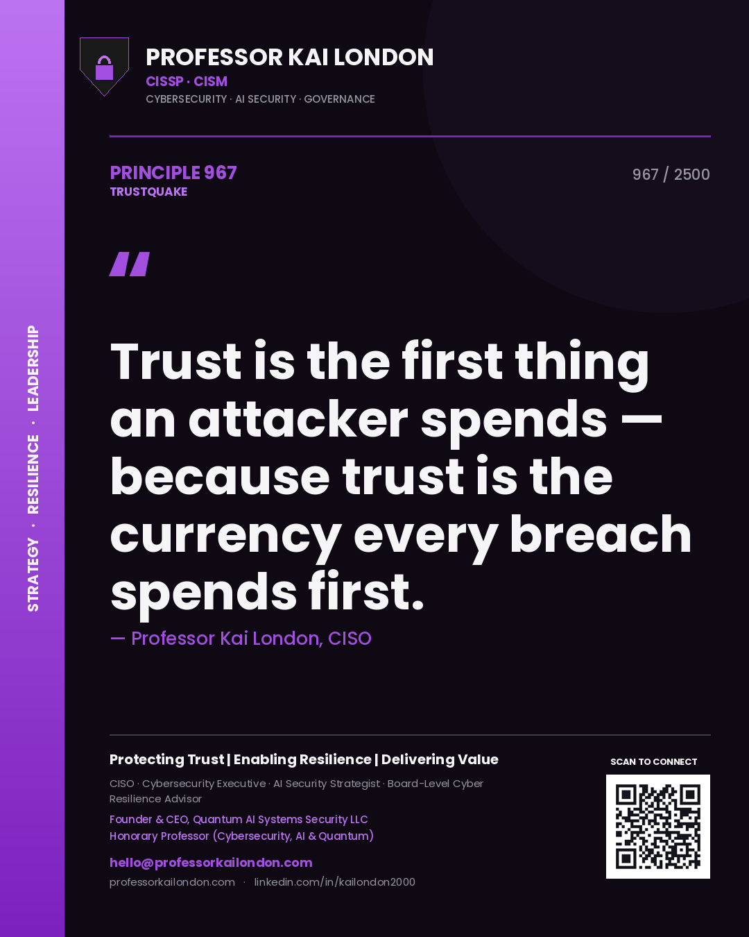Quote card by Professor Kai London reading 'Trust is the first thing an attacker spends — because trust is the currency every breach spends first.'. From the book Trustquake.