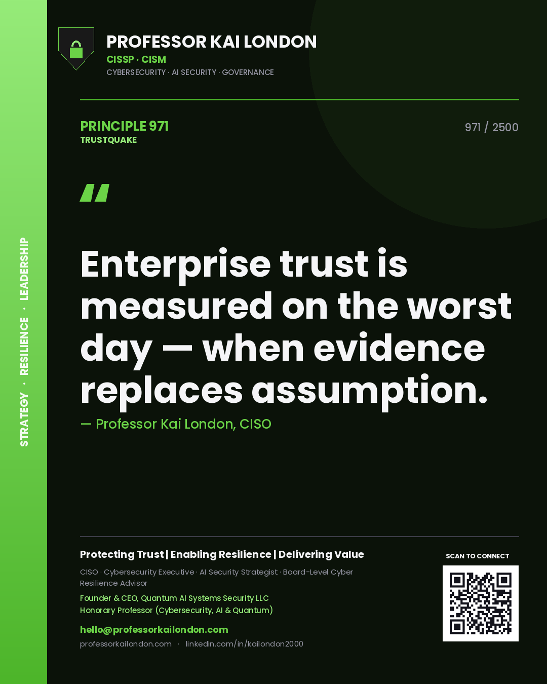Professor Kai London principle 971: Enterprise trust is measured on the worst day — when evidence replaces assumption.
