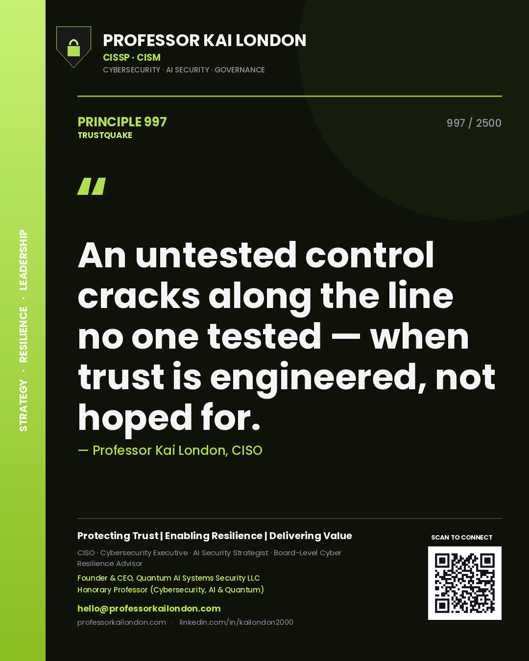 Quote card by Professor Kai London reading 'An untested control cracks along the line no one tested — when trust is engineered, not hoped for.'. From the book Trustquake.