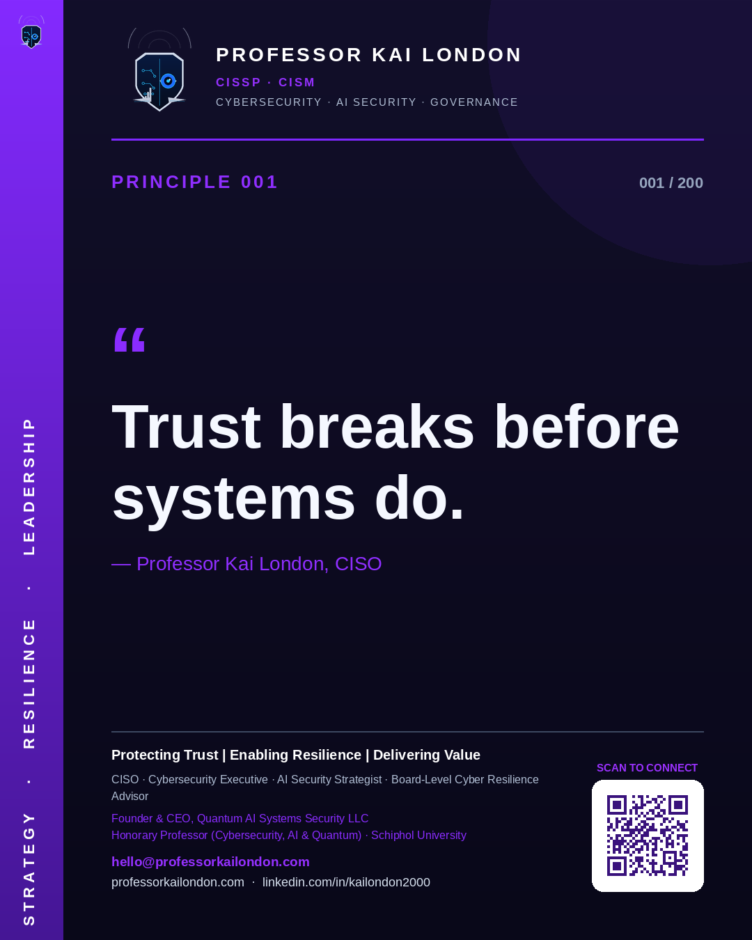 Professor Kai London cybersecurity principle 1: "Trust breaks before systems do." — CISO, AI security & cyber resilience advisor.