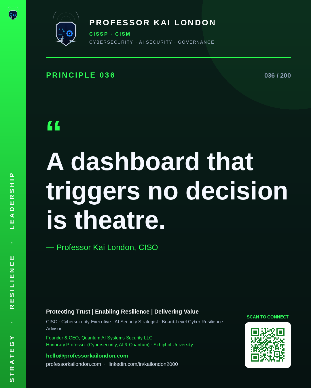 Professor Kai London cybersecurity principle 36: "A dashboard that triggers no decision is theatre." — CISO, AI security & cyber resilience advisor.