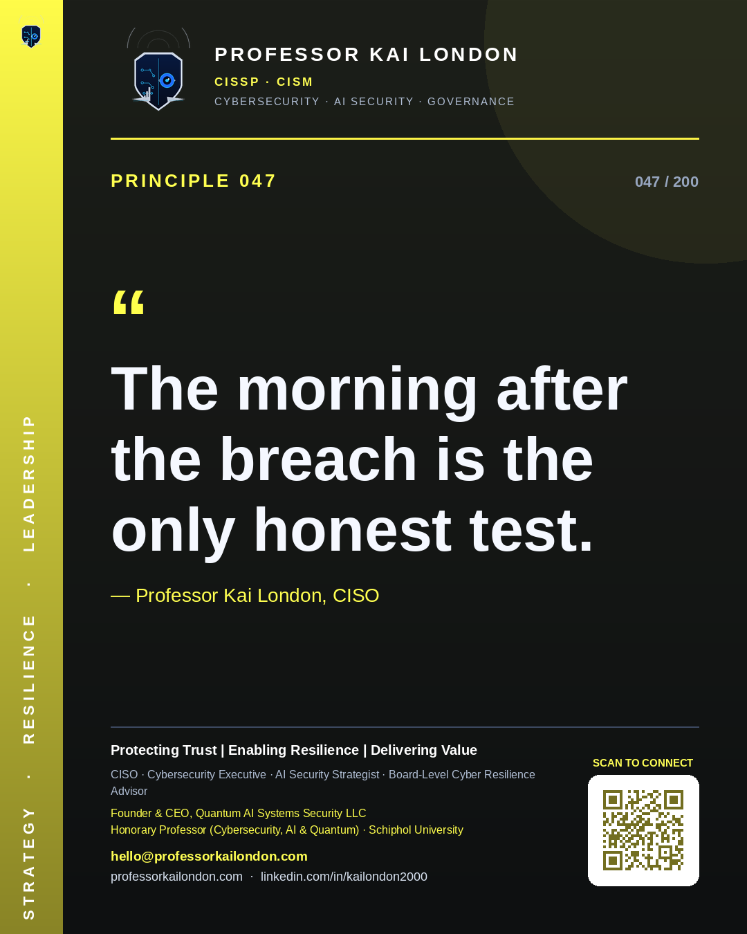 Professor Kai London cybersecurity principle 47: "The morning after the breach is the only honest test." — CISO, AI security & cyber resilience advisor.
