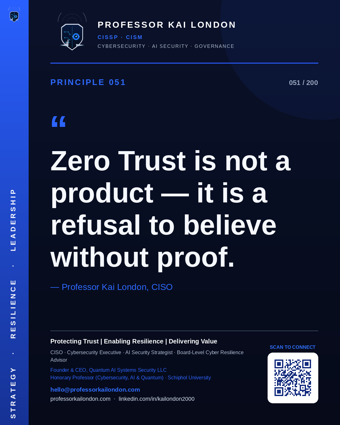 Professor Kai London cybersecurity principle 51: "Zero Trust is not a product — it is a refusal to believe without proof." — CISO, AI security & cyber resilience advisor.