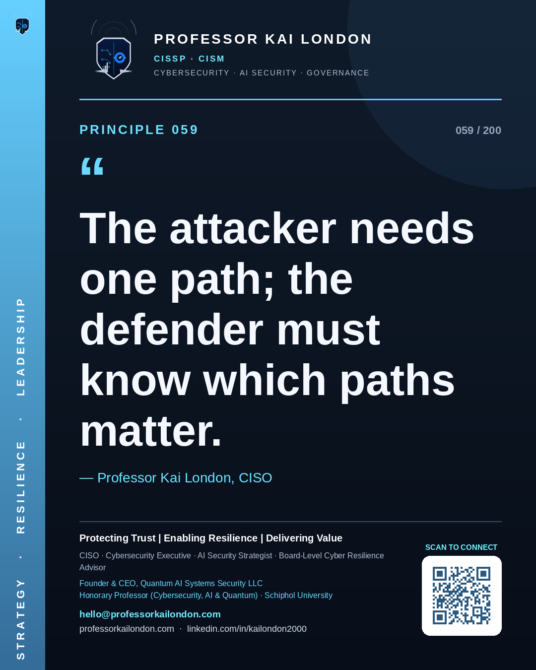 Professor Kai London cybersecurity principle 59: "The attacker needs one path; the defender must know which paths matter." — CISO, AI security & cyber resilience advisor.