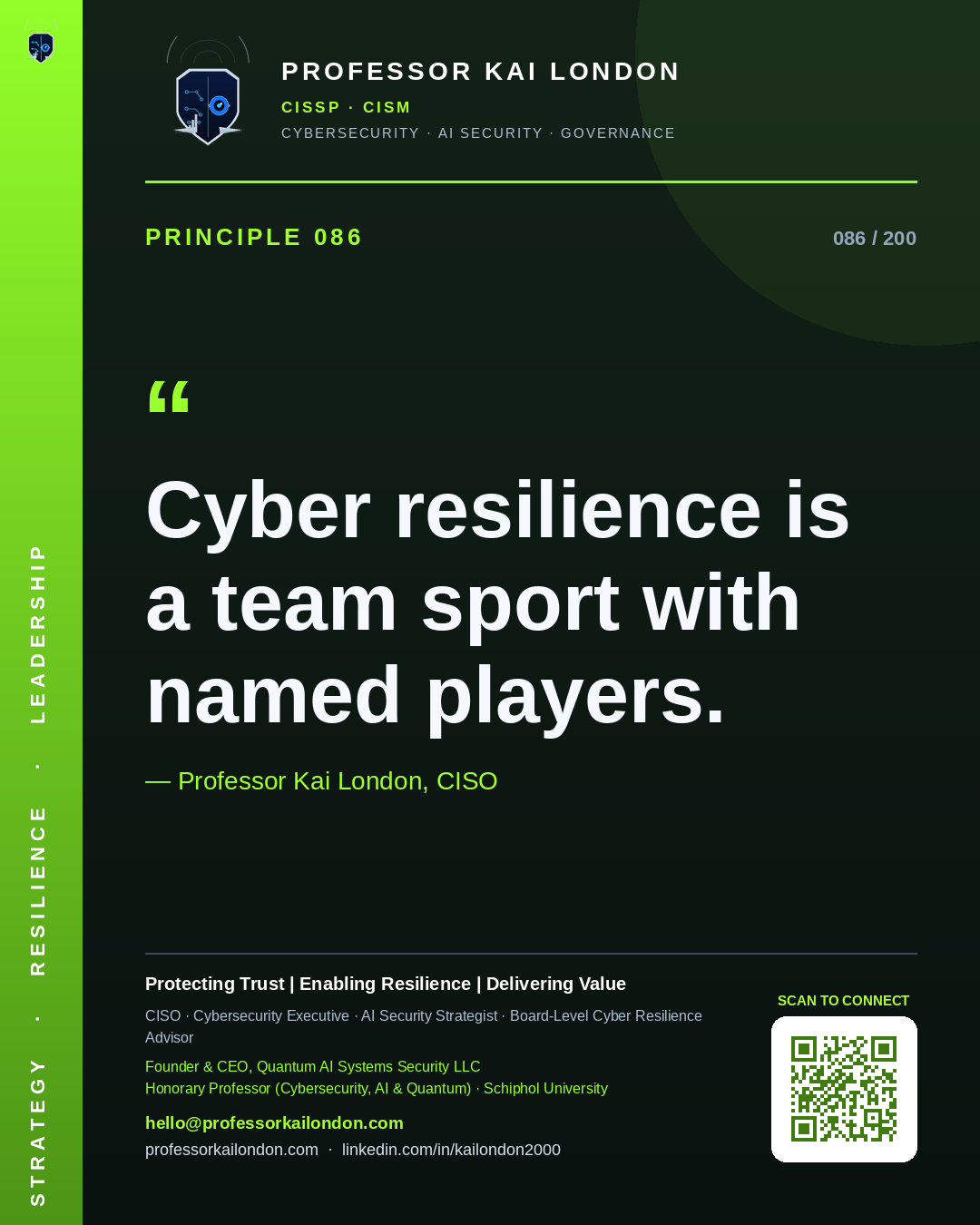 Professor Kai London cybersecurity principle 86: "Cyber resilience is a team sport with named players." — CISO, AI security & cyber resilience advisor.