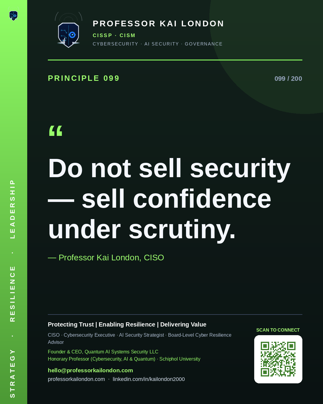 Professor Kai London cybersecurity principle 99: "Do not sell security — sell confidence under scrutiny." — CISO, AI security & cyber resilience advisor.