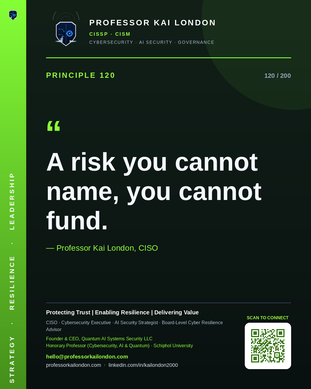 Professor Kai London cybersecurity principle 120: "A risk you cannot name, you cannot fund." — CISO, AI security & cyber resilience advisor.