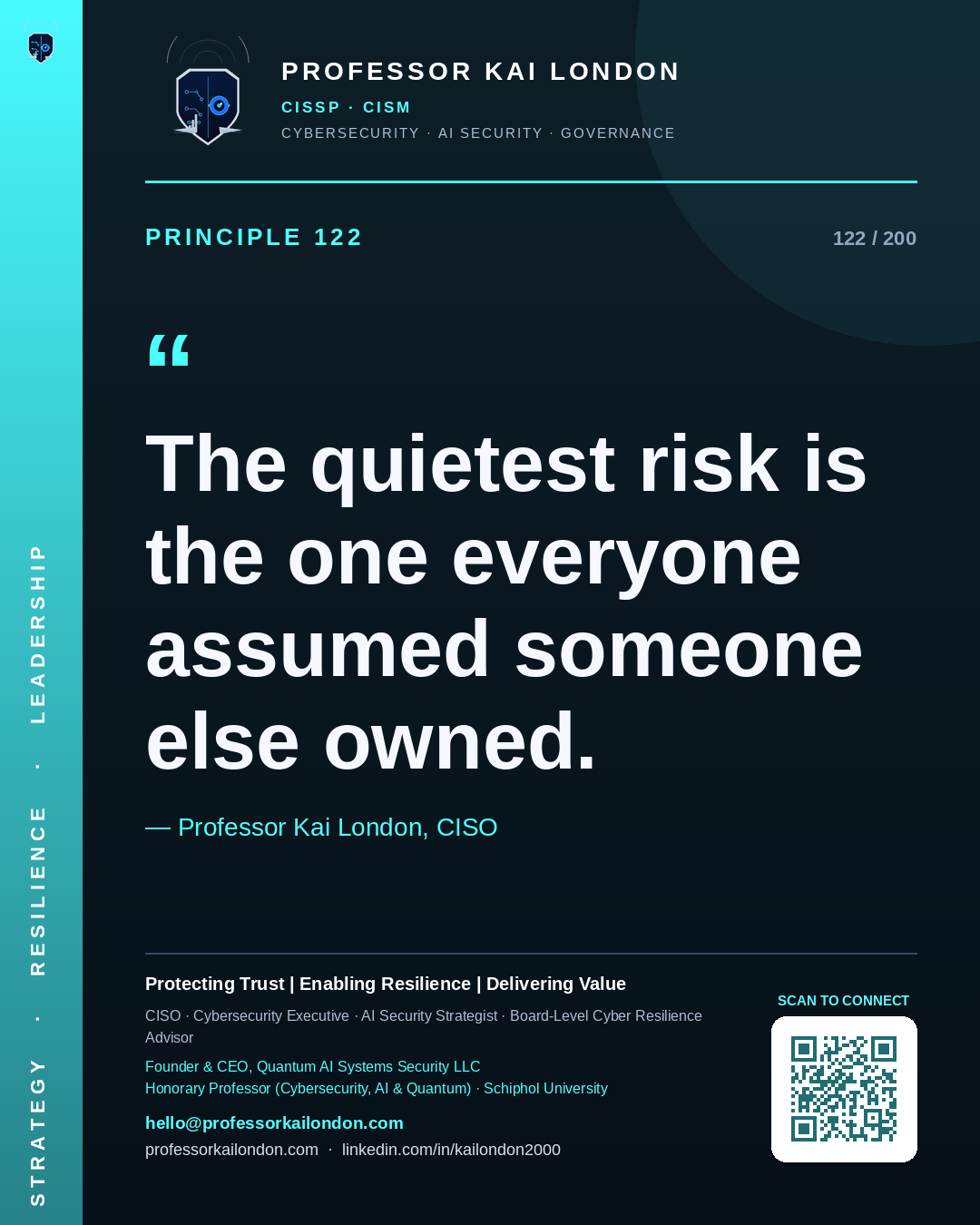 Professor Kai London cybersecurity principle 122: "The quietest risk is the one everyone assumed someone else owned." — CISO, AI security & cyber resilience advisor.