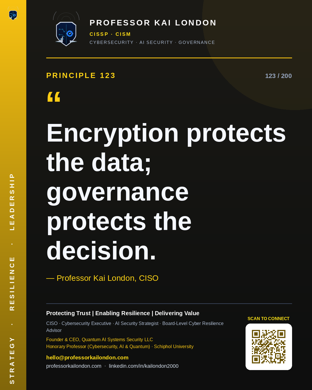 Professor Kai London cybersecurity principle 123: "Encryption protects the data; governance protects the decision." — CISO, AI security & cyber resilience advisor.