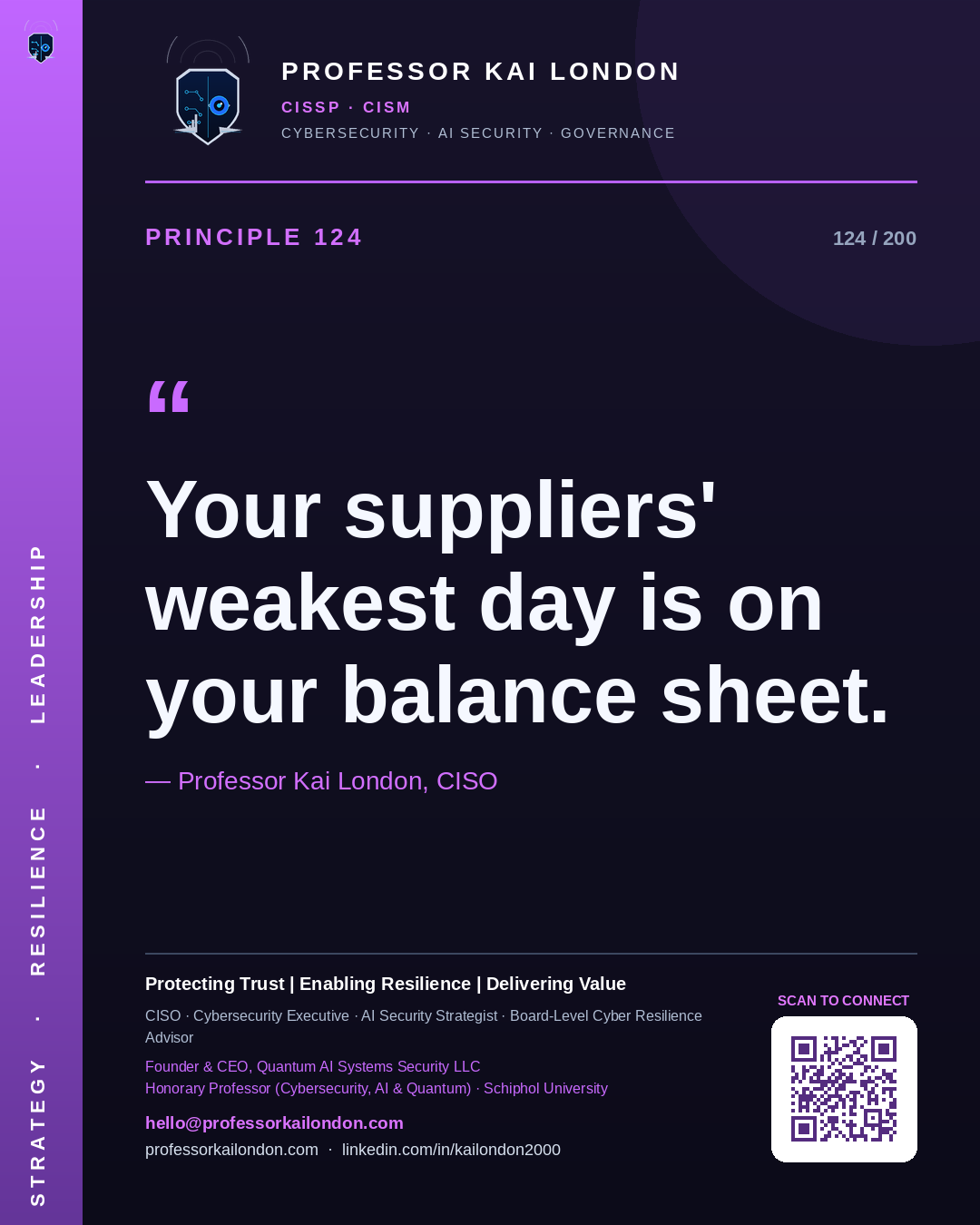 Professor Kai London cybersecurity principle 124: "Your suppliers' weakest day is on your balance sheet." — CISO, AI security & cyber resilience advisor.