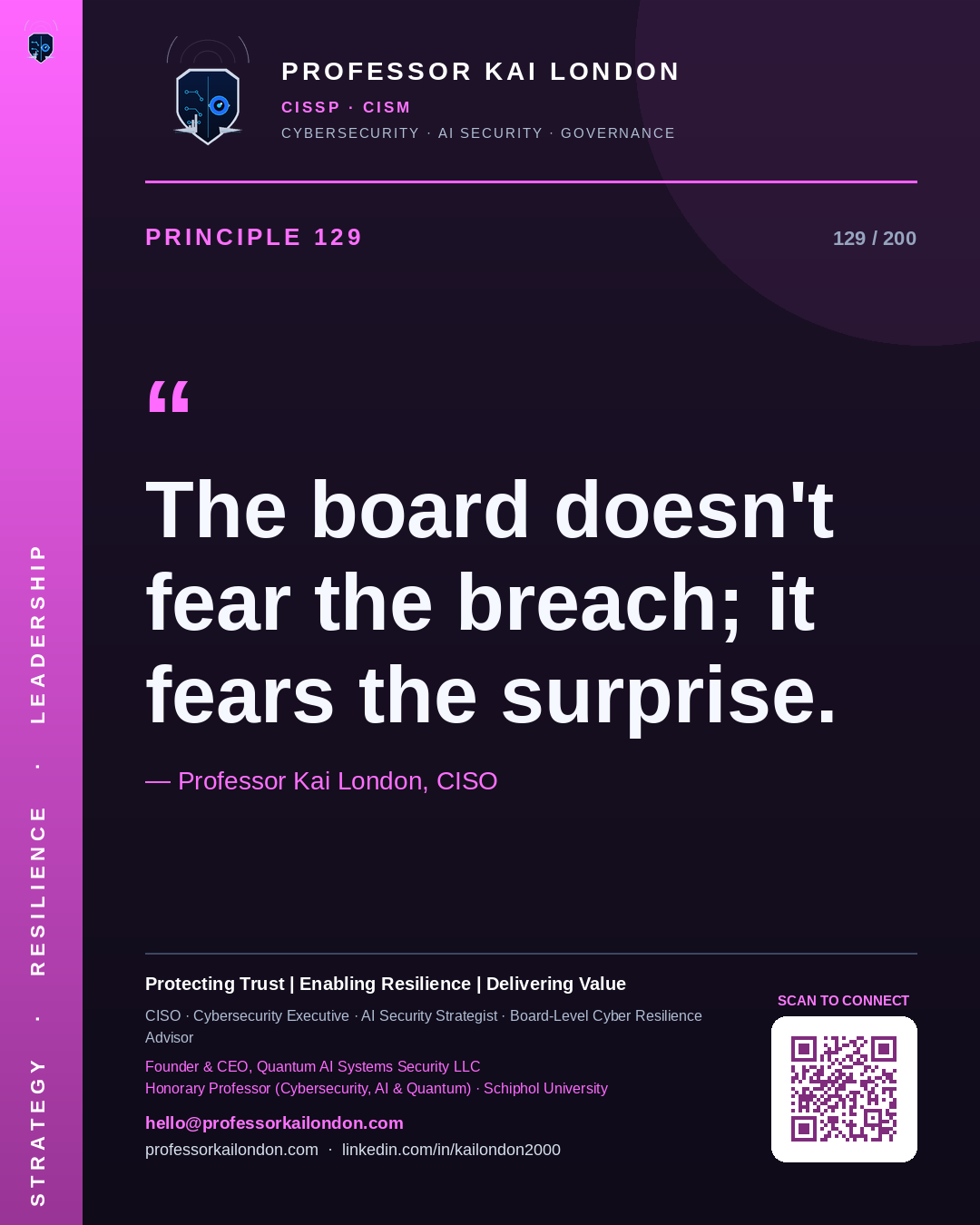 Professor Kai London cybersecurity principle 129: "The board doesn't fear the breach; it fears the surprise." — CISO, AI security & cyber resilience advisor.