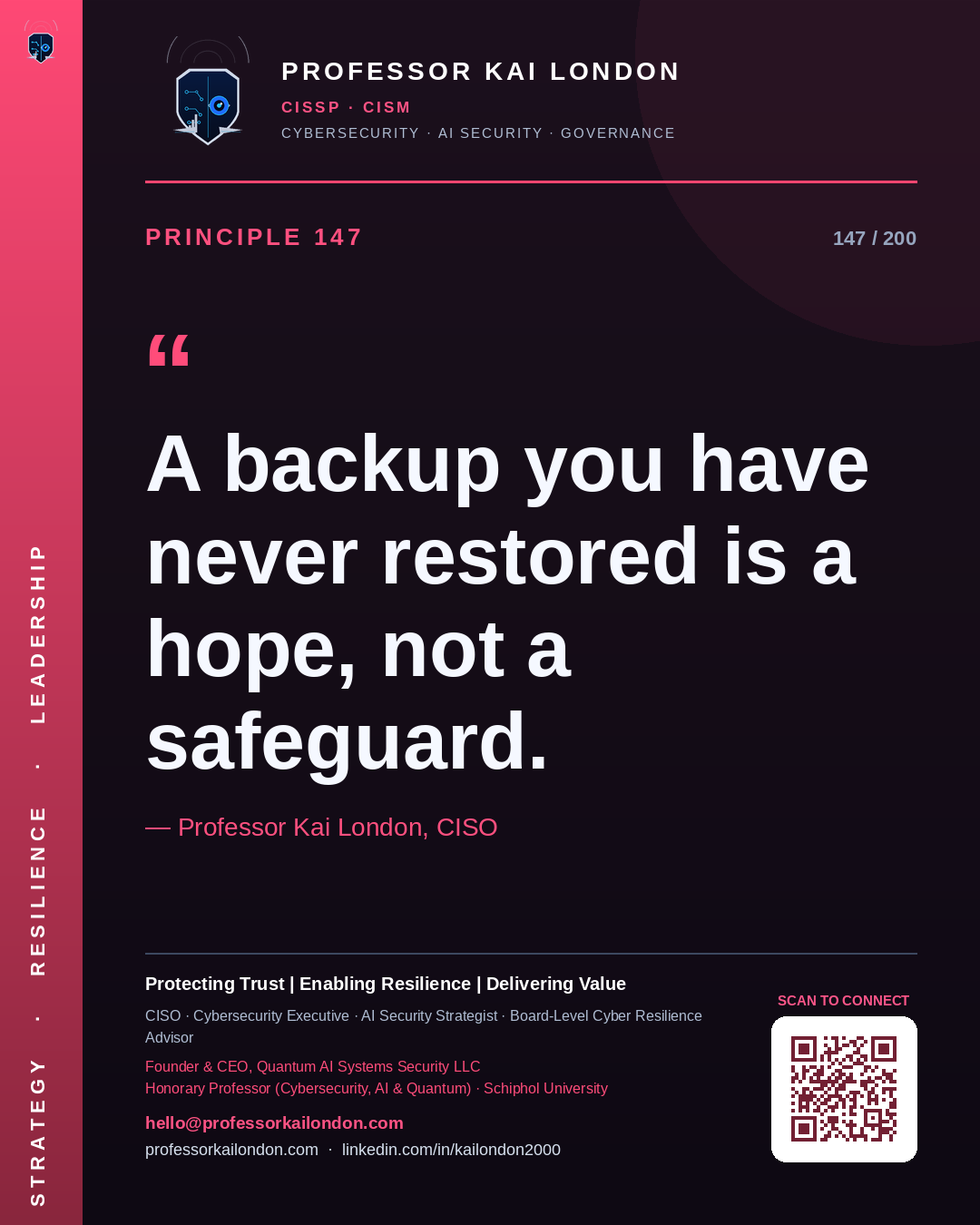 Professor Kai London cybersecurity principle 147: "A backup you have never restored is a hope, not a safeguard." — CISO, AI security & cyber resilience advisor.