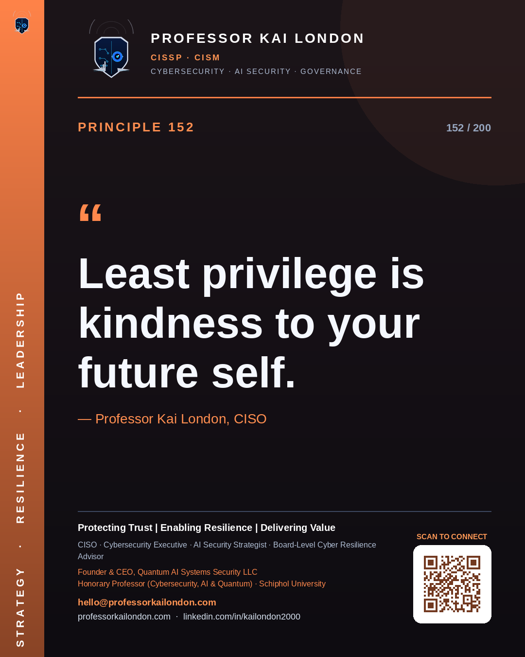 Professor Kai London cybersecurity principle 152: "Least privilege is kindness to your future self." — CISO, AI security & cyber resilience advisor.