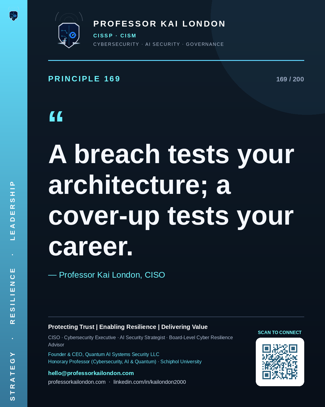 Professor Kai London cybersecurity principle 169: "A breach tests your architecture; a cover-up tests your career." — CISO, AI security & cyber resilience advisor.