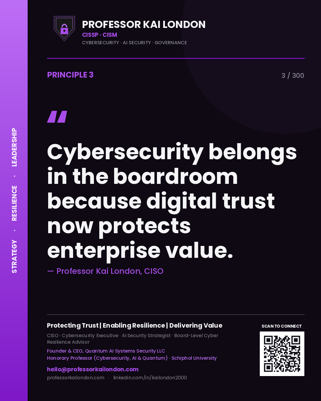 Cybersecurity belongs in the boardroom because digital trust now protects enterprise value. — Professor Kai London, CISO. Principle 3 of 300 on Board Governance.