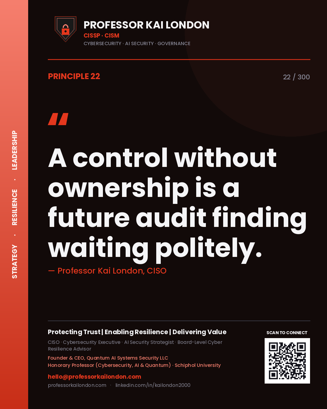 A control without ownership is a future audit finding waiting politely. — Professor Kai London, CISO. Principle 22 of 300 on Audit Readiness.