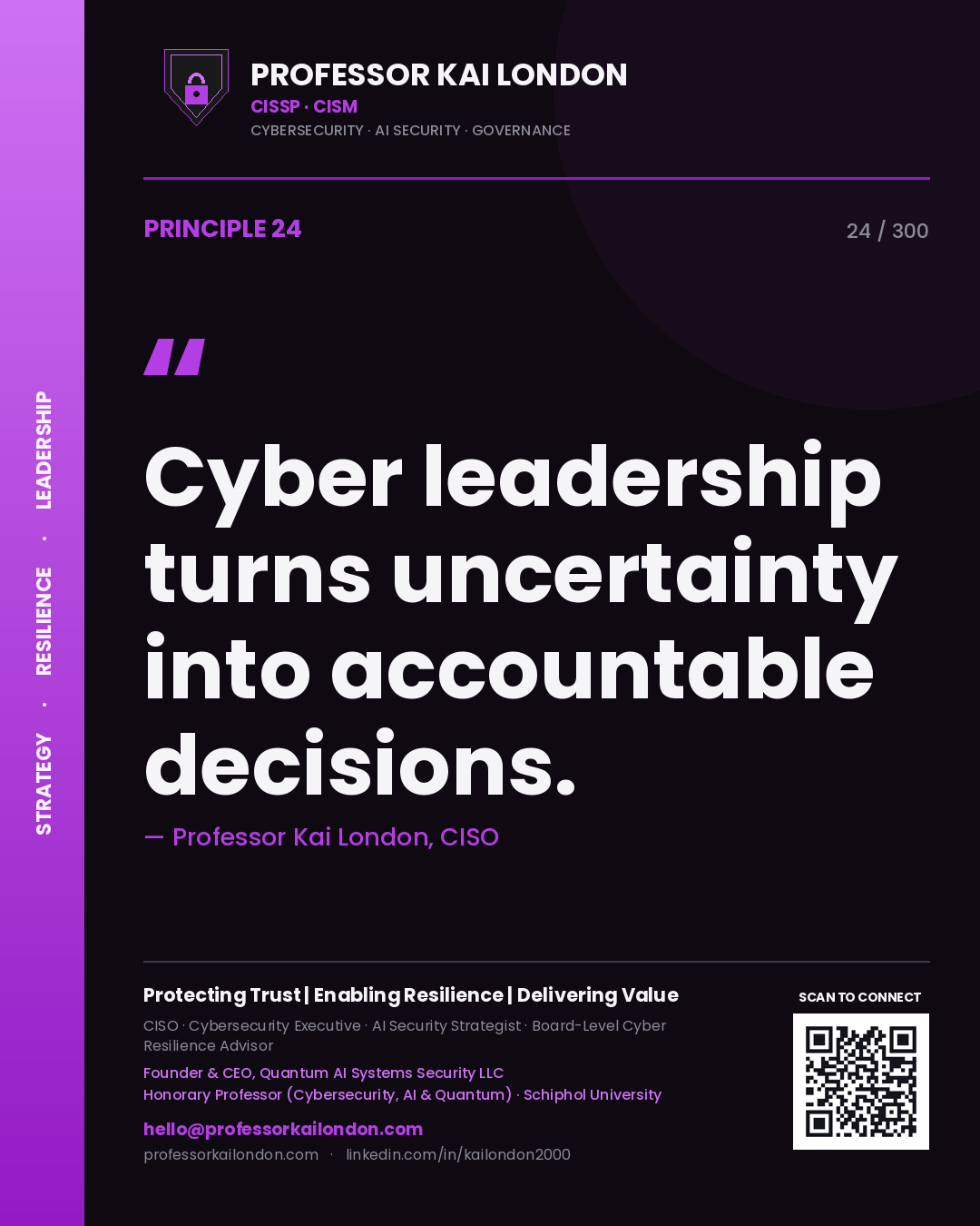 Cyber leadership turns uncertainty into accountable decisions. — Professor Kai London, CISO. Principle 24 of 300 on Leadership.