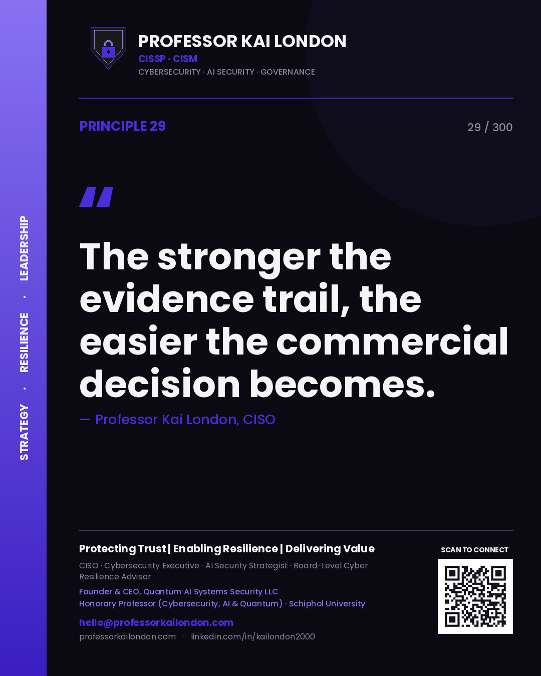 The stronger the evidence trail, the easier the commercial decision becomes. — Professor Kai London, CISO. Principle 29 of 300 on Evidence.