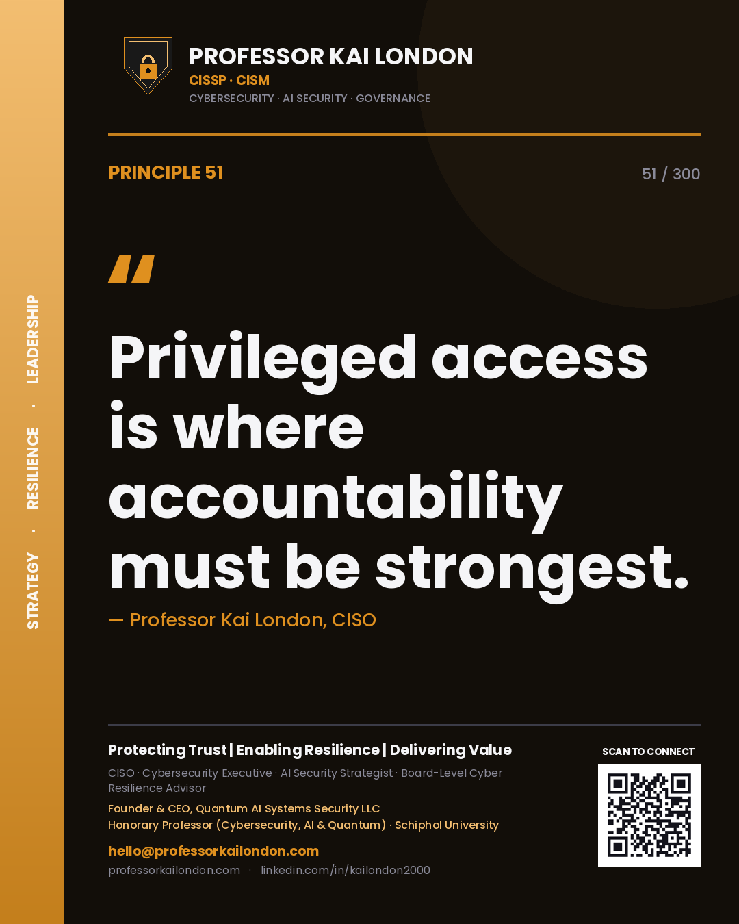 Privileged access is where accountability must be strongest. — Professor Kai London, CISO. Principle 51 of 300 on PAM.