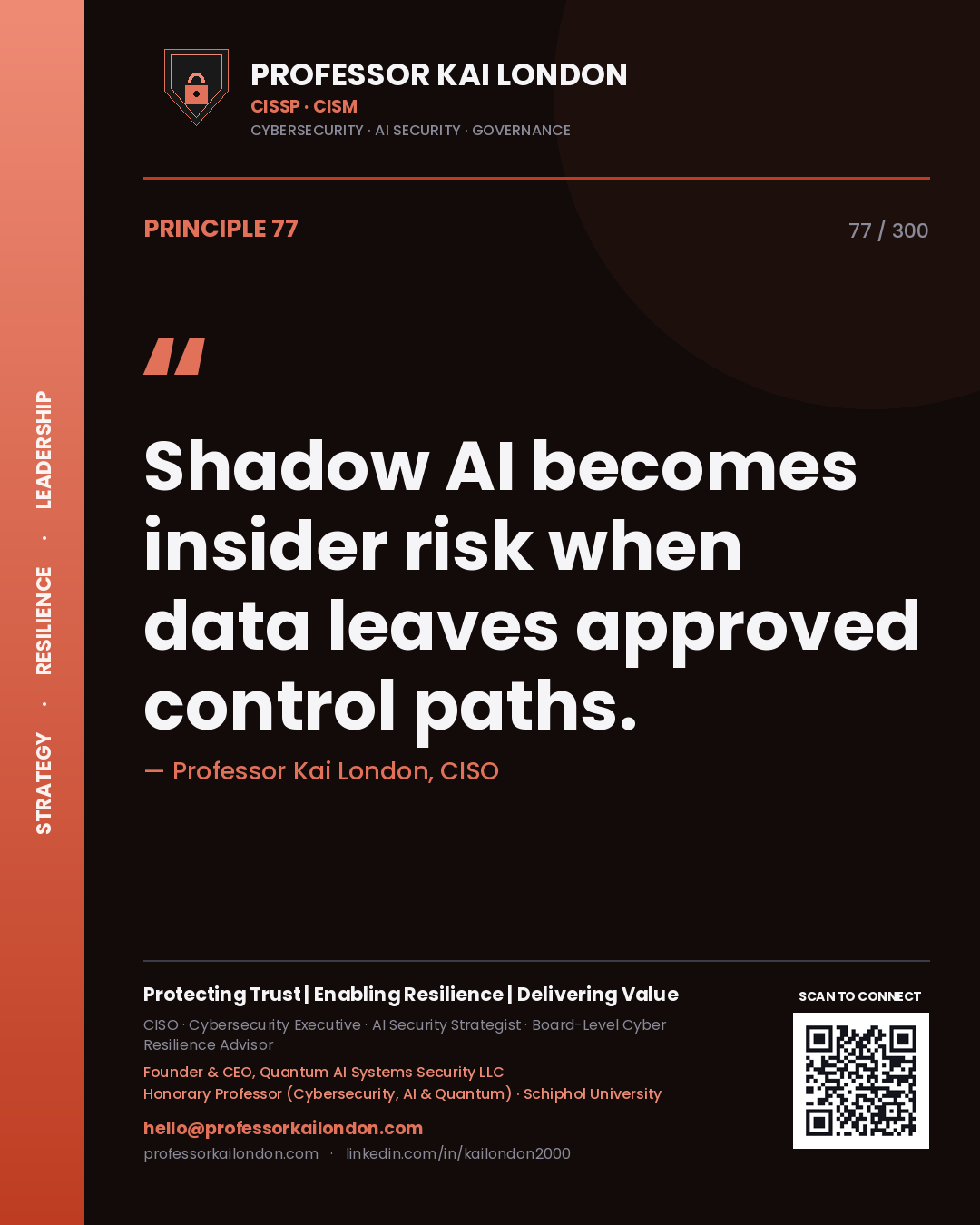 Shadow AI becomes insider risk when data leaves approved control paths. — Professor Kai London, CISO. Principle 77 of 300 on AI Risk.