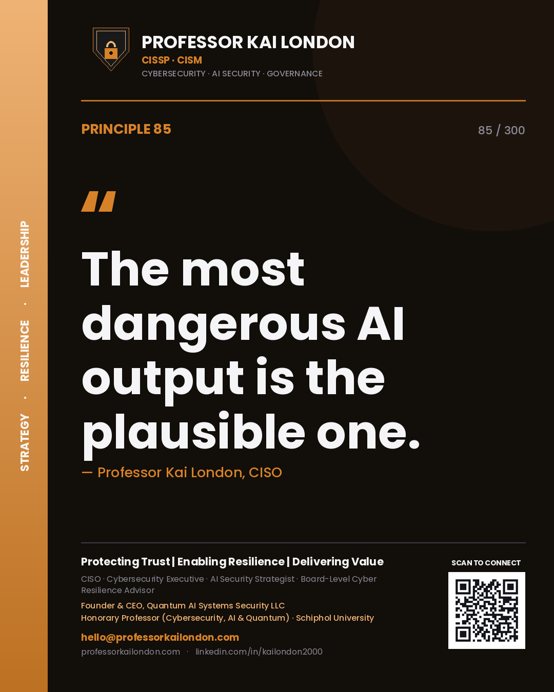 The most dangerous AI output is the plausible one. — Professor Kai London, CISO. Principle 85 of 300 on AI Risk.