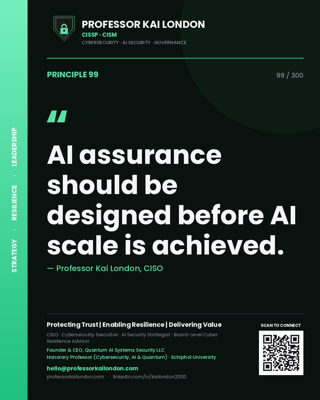 AI assurance should be designed before AI scale is achieved. — Professor Kai London, CISO. Principle 99 of 300 on AI Assurance.