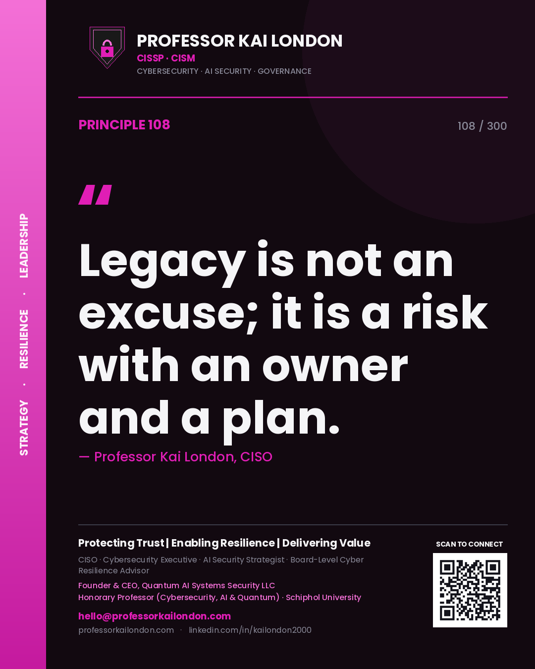 Legacy is not an excuse; it is a risk with an owner and a plan. — Professor Kai London, CISO. Principle 108 of 300 on OT Risk.