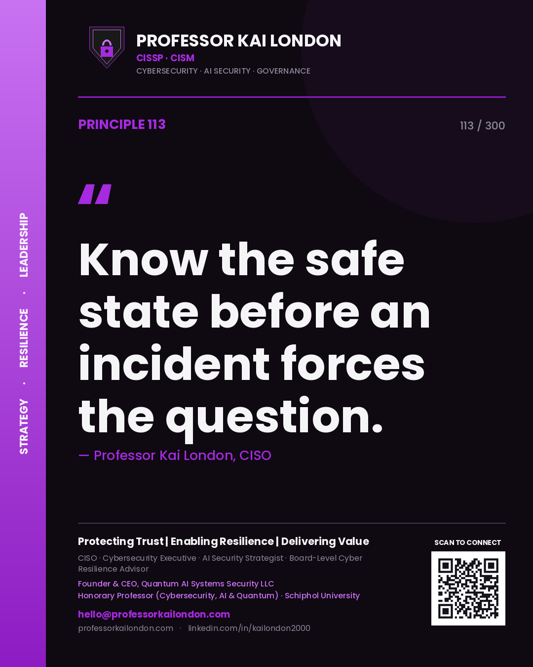 Know the safe state before an incident forces the question. — Professor Kai London, CISO. Principle 113 of 300 on OT Safety.