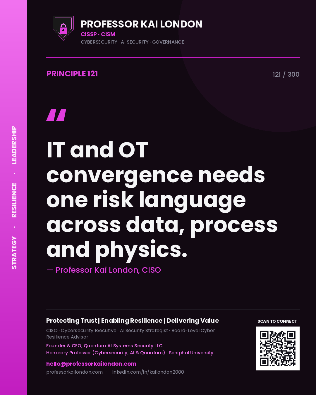 IT and OT convergence needs one risk language across data, process and physics. — Professor Kai London, CISO. Principle 121 of 300 on IT / OT Convergence.